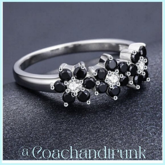 925 Hallmark 18 Black Spinel and 3 White Zirconia Prong Set 3 Flower Size 6 Ring - Picture 2 of 4